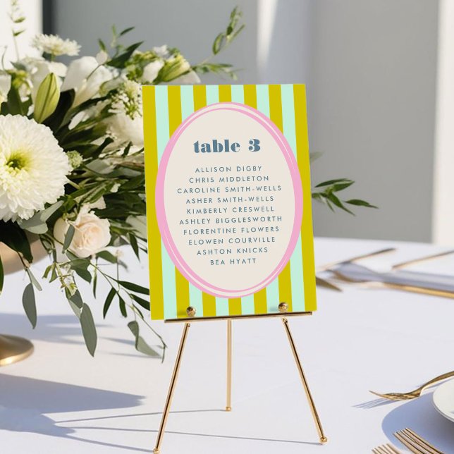 Gráfico de Mesas Brilhante Verde Azul Escuro Brilh (Green Blue Stripe Bold Bright Wedding Table Seating Chart Card)