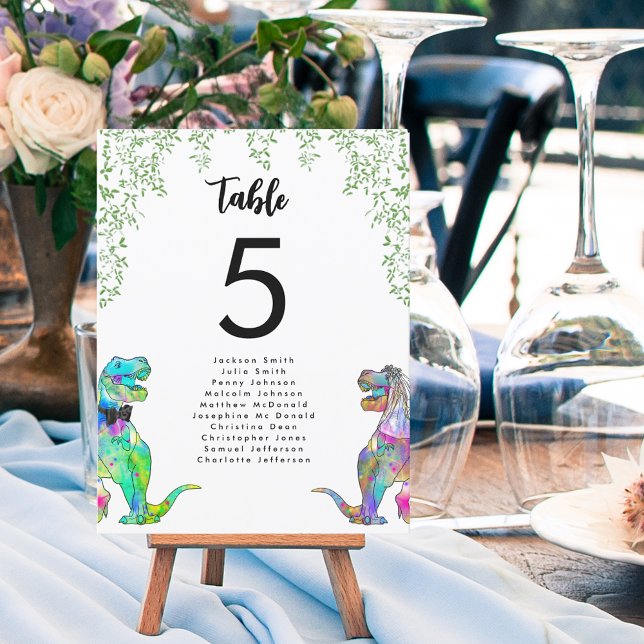 Gráfico de Mesas de Casamento do tema Dinossauro C (Colorful dinosaur bride and groom fun t-rex bride and groom wedding table number chart)