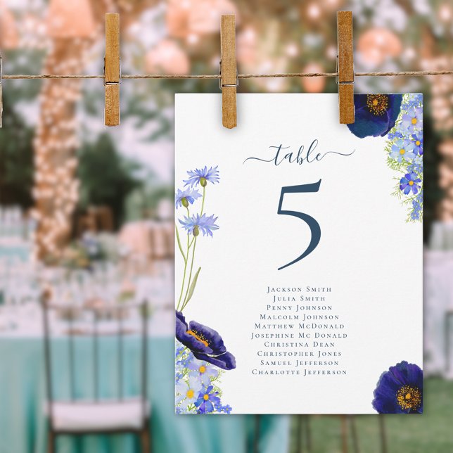 Gráfico de Número da Tabela de Casamento de Flores (Modern blue wildflower summer floral wedding table number seating chart elegant stylish typography)