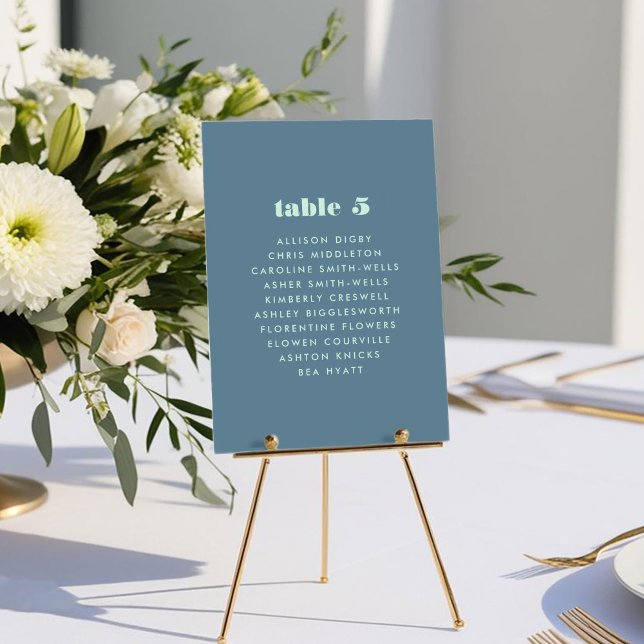 Gráfico de Número de Sentados da Tabela de Tipogra (Bold Blue Typography Wedding Table Number Seating Chart Card)