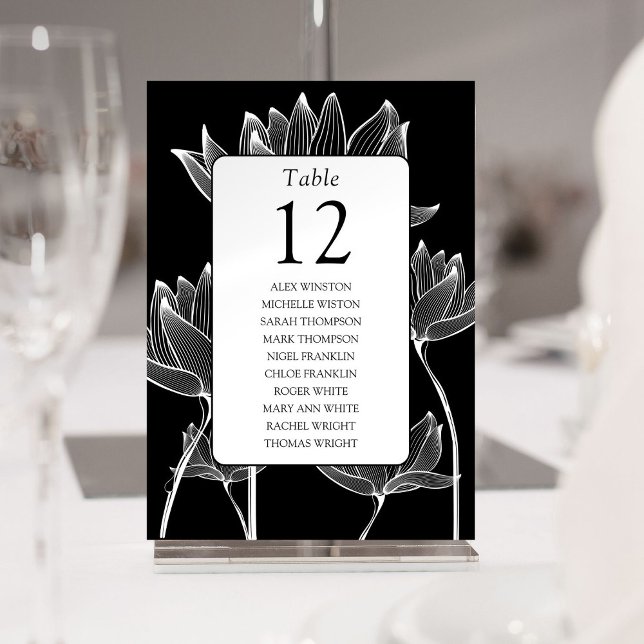 Gráfico de Números de Mesa Floral Preto e Branco (Black And White Floral Table Number Seating Chart)