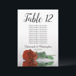 Gráfico de Rosa de Casamento de Mesa Laranja Rust<br><div class="desc">Estas belas cartas de números de mesa facilitarão aos seus convidados encontrar os seus lugares na sua recepção de casamento. Eles apresentam um design simples, mas elegante, com letras de escrita caligráfica e um rosa de cor laranja ou cinzenta queimada, laranja-rajada, ao lado, refletindo na água. O cartão inclui um...</div>