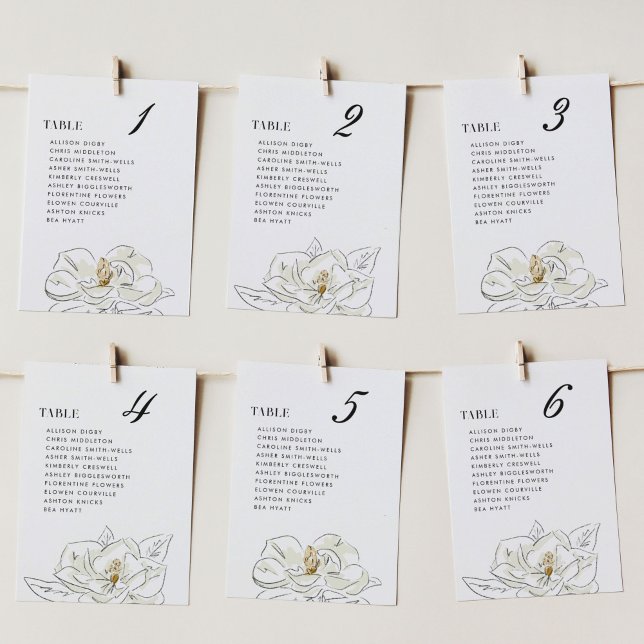 Gráfico Sentado de Casamento da Magnólia Branca El (Elegant Southern-inspired white magnolia illustration wedding table number cards.)