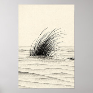 Grama de Praia Soprada pelo Vento em Dunas Poster 