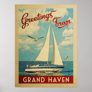 Grand Haven Poster Sailboat Vintage Michigan