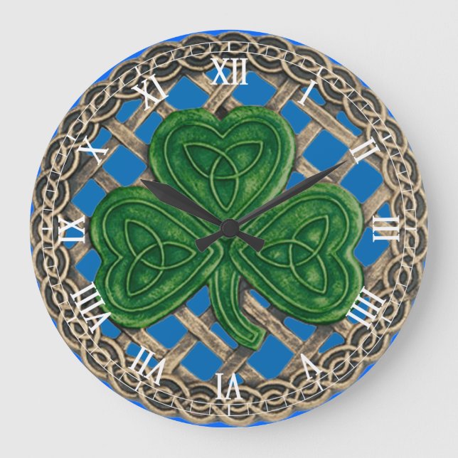 Grande Blue Shamrock & Celtic Knos Relógio Numérico Roman (Frente)