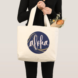 Grande Bolsa Tote Aloha Azul Escuro Dourado com tema Kai