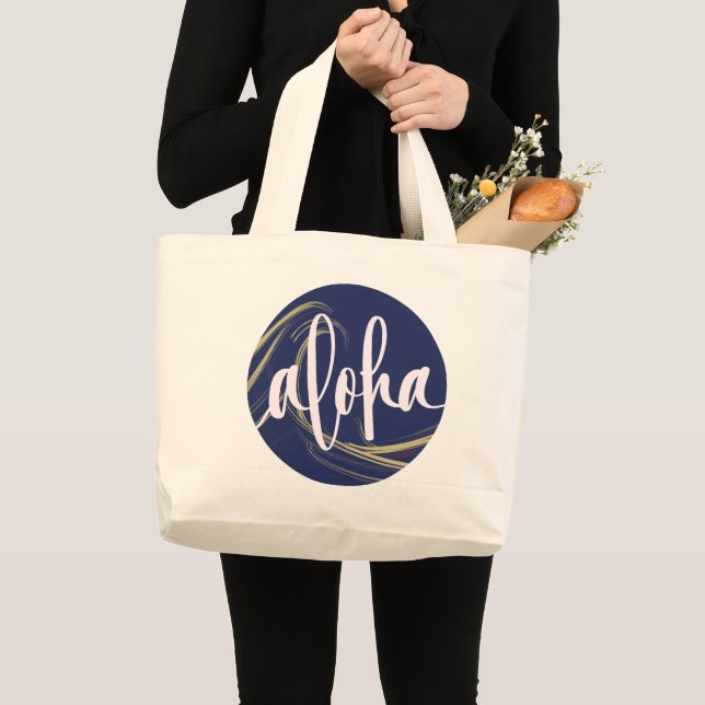 Grande Bolsa Tote Aloha Azul Escuro Dourado com tema Kai  (Frente (produto))