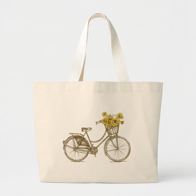 Grande Bolsa Tote Bicicleta Antiga Com Girassóis  (Frente)