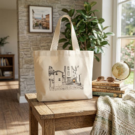 Grande Bolsa Tote Elegante com Cidade Antiga Desenhada à