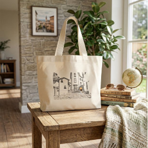 Grande Bolsa Tote Elegante com Cidade Antiga Desenhada à