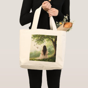 Grande Bolsa Tote Estética – Menina e Borboletas Natureza