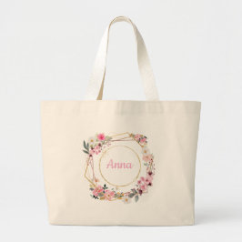 Grande Bolsa Tote Geométrica Dourada com Flores Rosa