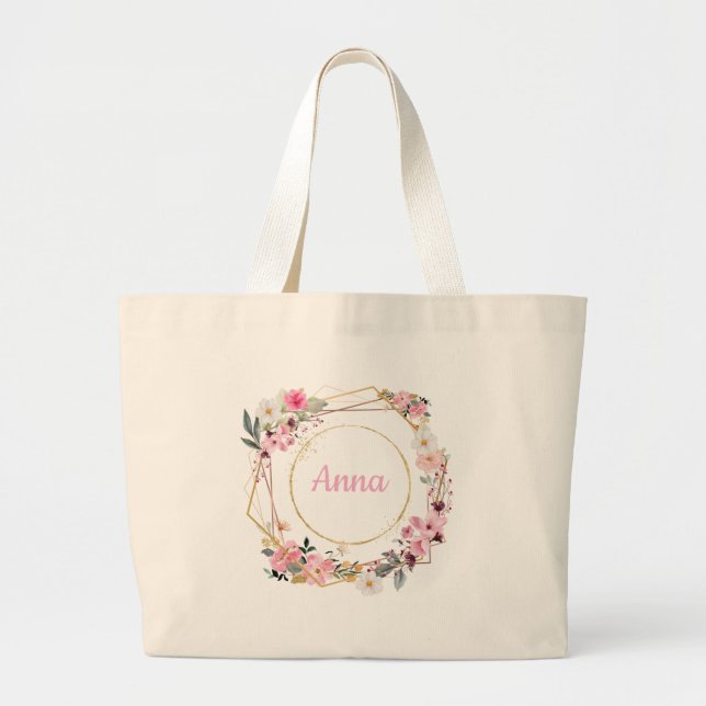 Grande Bolsa Tote Geométrica Dourada com Flores Rosa (Frente)