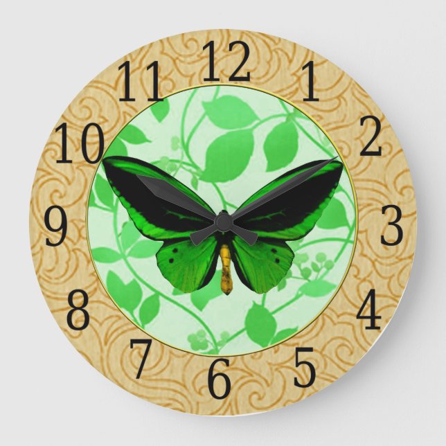 Grande Borboleta Verde Sobre Relógio De Folhas Verdes (Frente)