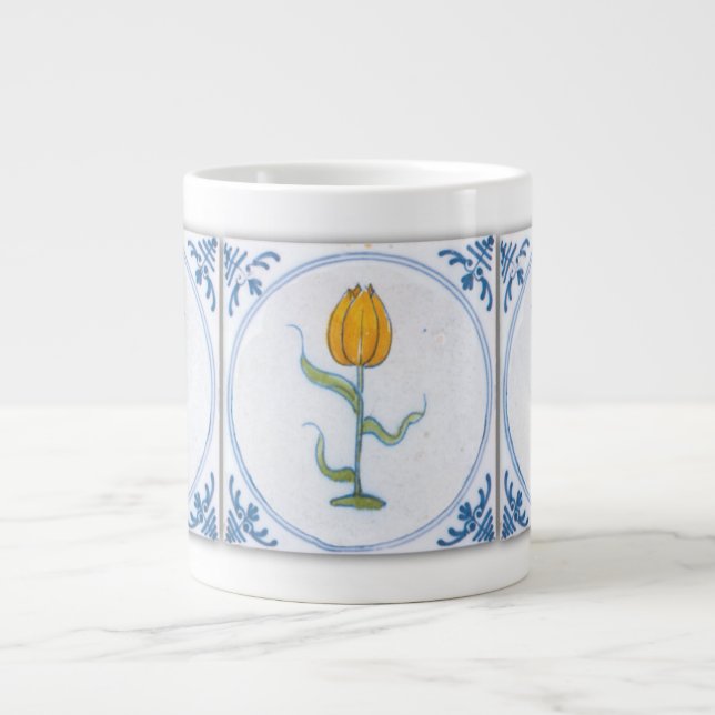 Grande Caneca de Café Azulejo Falso Tulipa Branca Azul (Frente)