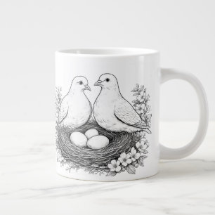 Grande Caneca de Café com Desenho a Lápis de Pássaros Amo
