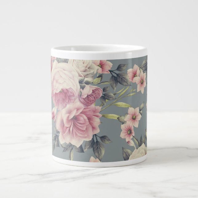 Grande caneca de café com rosas cor-de-rosa (Frente)