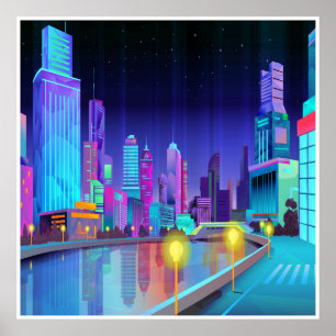 Grande Cidade Noite Cena Panorâmica Poster