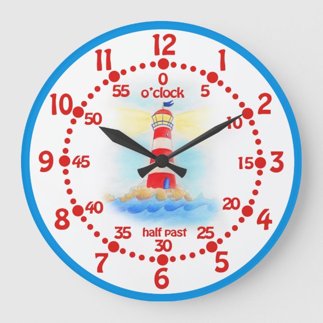 Grande Farol infantil aprenda tempo azul relógio branco (Frente)