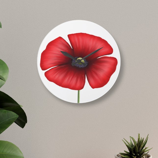 Grande Flor Vermelho Flor Moderno Floral Redondo Relógio (A bold and bright red poppy clock that will look lovely on your wall)