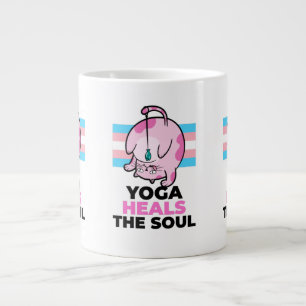 Grande Gato de yoga engraçado com uma caneca de café