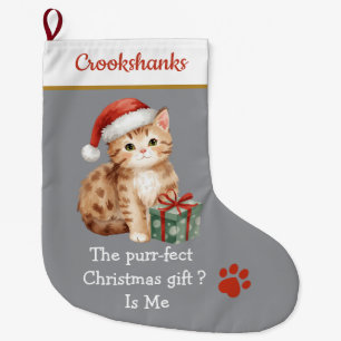 Grande Gato Fofo com Meia de Natal de Chapéu de Papai Noe