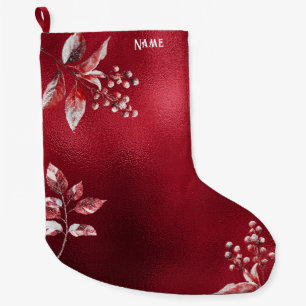 Grande Meia de Natal com Folhas Vermelhas e Neve