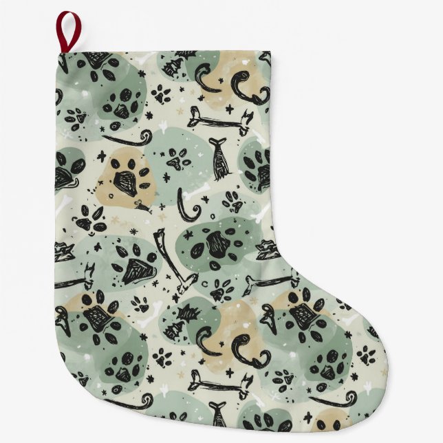 Grande Meia de Natal de Pet com Estampa de Pata em Doodle (Frente)