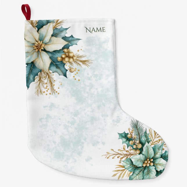 Grande Meia de Natal Floral em Aquarela Verde-azulado (Frente)