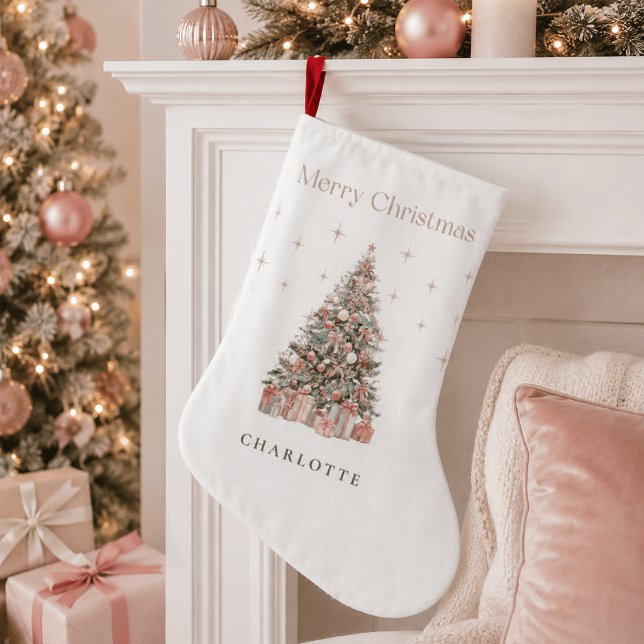 Grande Meia Personalizada Árvore de Natal Rosa Moderno (Criador carregado)