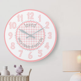 Grande Números de Bolinhas de Gingham Rosa Bebê Relógio d