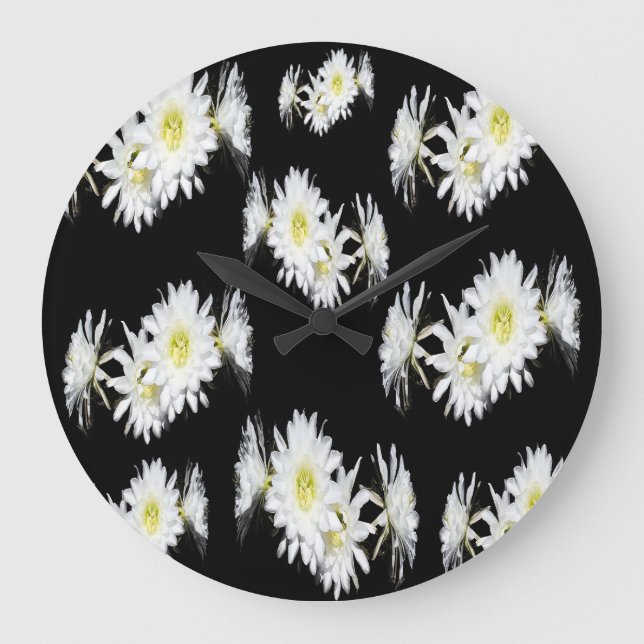 Grande Padrão de Flor de Cactos Brancos Pretos, Relógio d (Frente)