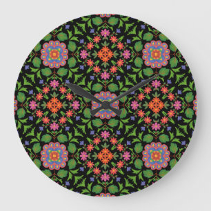 Grande Padrão Floral Rangoli no Relógio Negro de Parede A