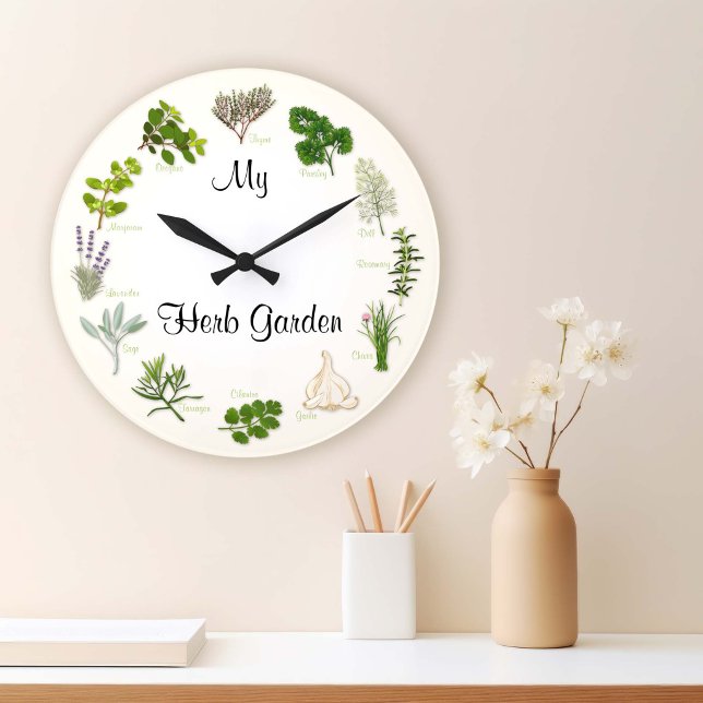 Grande Personalize o relógio redondo do Herb Garden (Customize Your Herb Garden Clock. Thyme for Herb Gardens! )