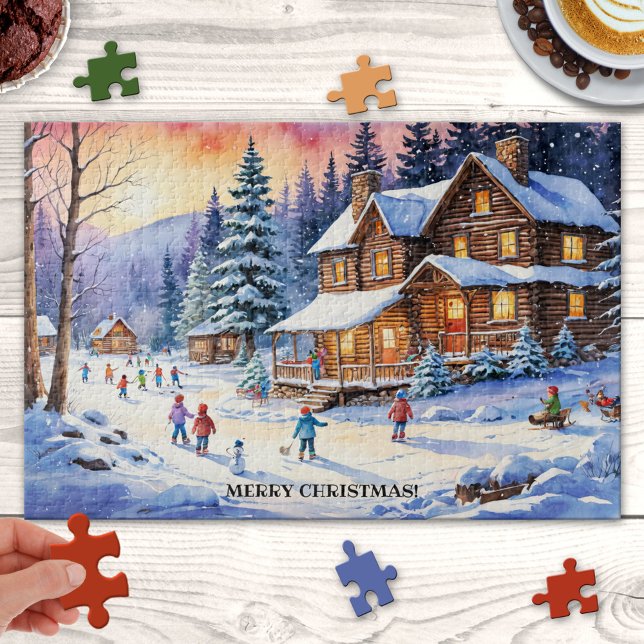 Grande Quebra-cabeça da família de Natal do progra (Lovely large Christmas puzzle featuring a happy winter wonderland with children playing in the snow)
