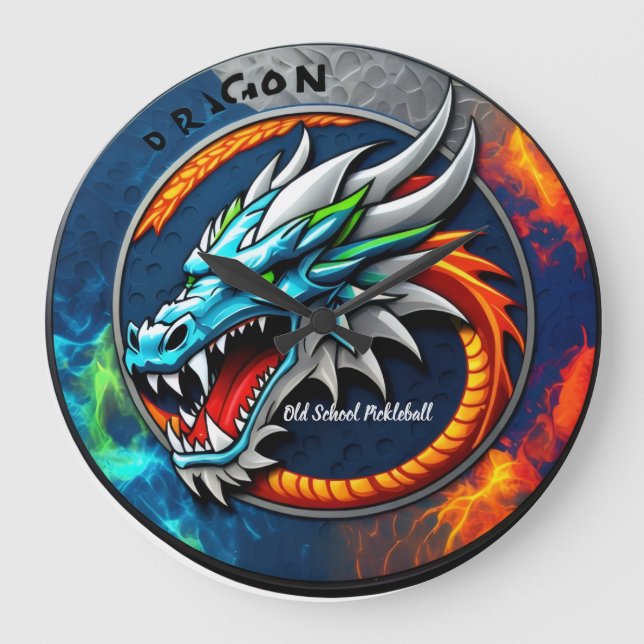 Grande Relógio azul Old School Pickleball Dragon (Frente)