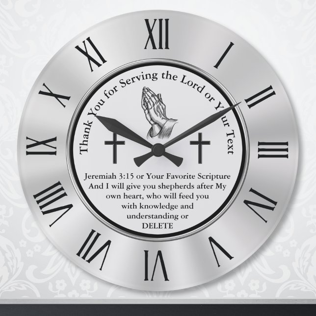 Grande Relógio Cristão Personalizável com Verso Bíblia (Christian gifts for Pastors. Christian Wall Clock. Thank you for serving the Lord. Jeremiah 3:15.)