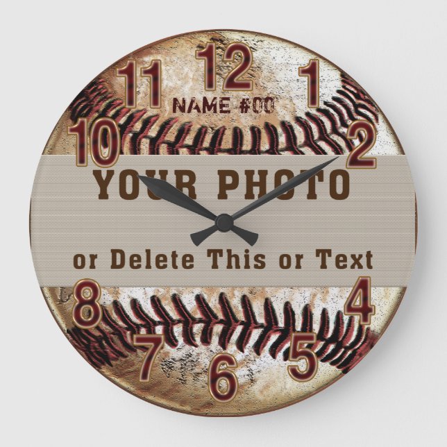 Grande Relógio de Beisebol Personalizado, sua FOTO e TEXT (Frente)