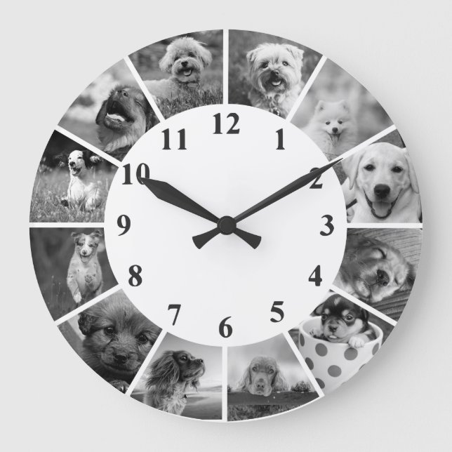 Grande Relógio de Cachorro Personalizável B+W Colagem de  (Frente)