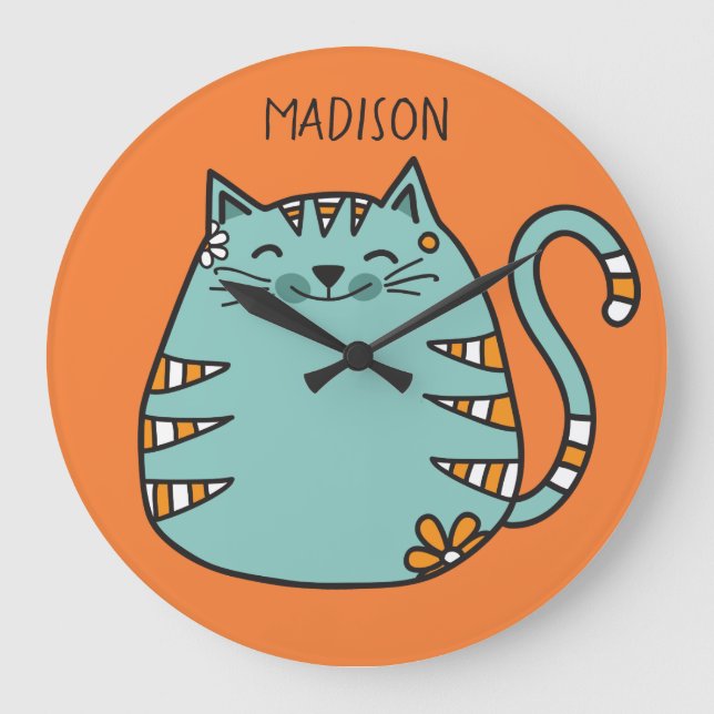 Grande Relógio de cores e nomes personalizados de gatos f (Frente)