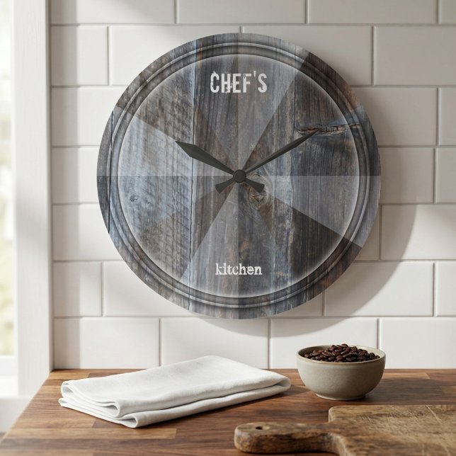 Grande Relógio de Cozinha de Madeira Industrial Chef Mode (Professional rustic wall clock featuring an industrial geometric design resembling a cutting board)