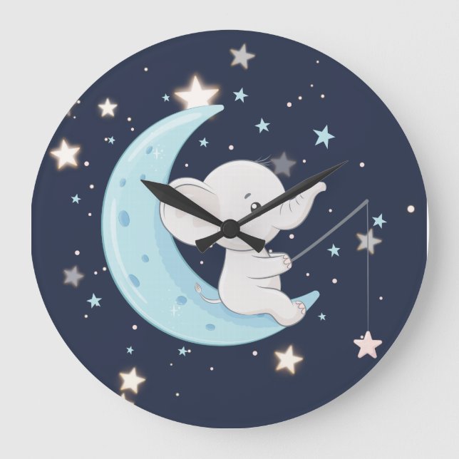 Grande Relógio de Elefante Bebê Pescando Estrelas (Frente)