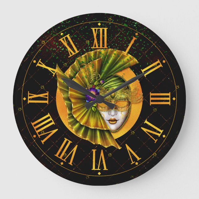 Grande Relógio de Mardi Gras, Máscara de Ouro Verde do Ca (Frente)