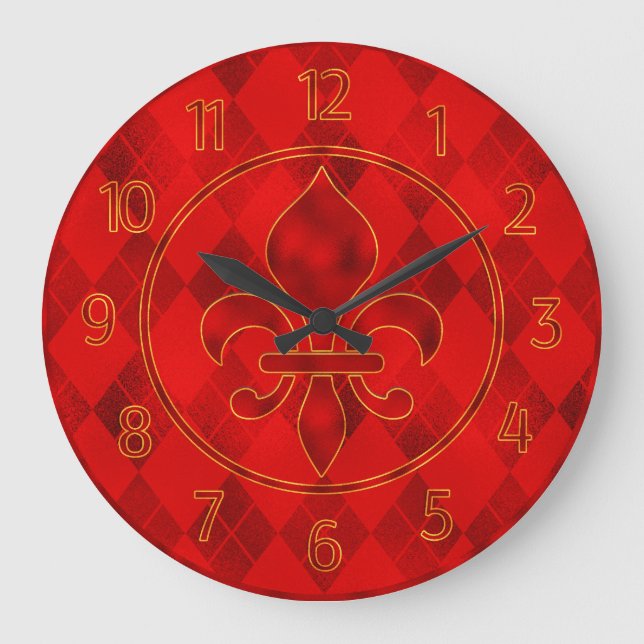 Grande Relógio de Mardi Gras Vermelhas Fleur de Lis (Frente)