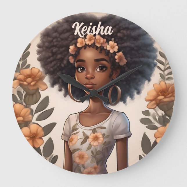 Grande Relógio de Menina Afro-Americana Personalizado (Frente)