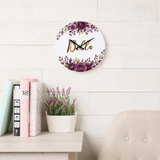 Grande Relógio de Nome Floral Decoração de Berçário Quart