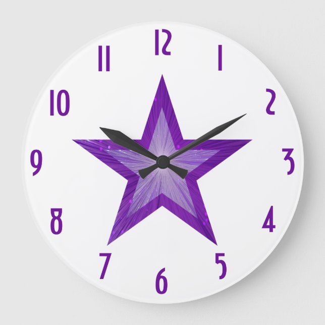 Grande Relógio de números de estrelas roxas, branco (Frente)