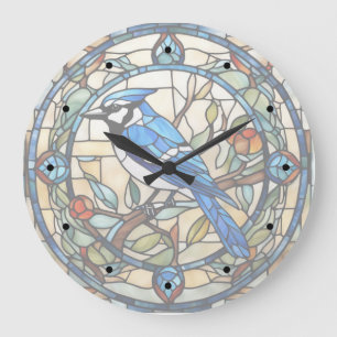 Grande Relógio de pássaros Bluejay de vidro manchado azul