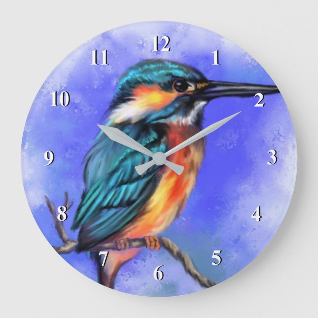 Grande Relógio de pintura de pássaros de Kingfisher (Frente)